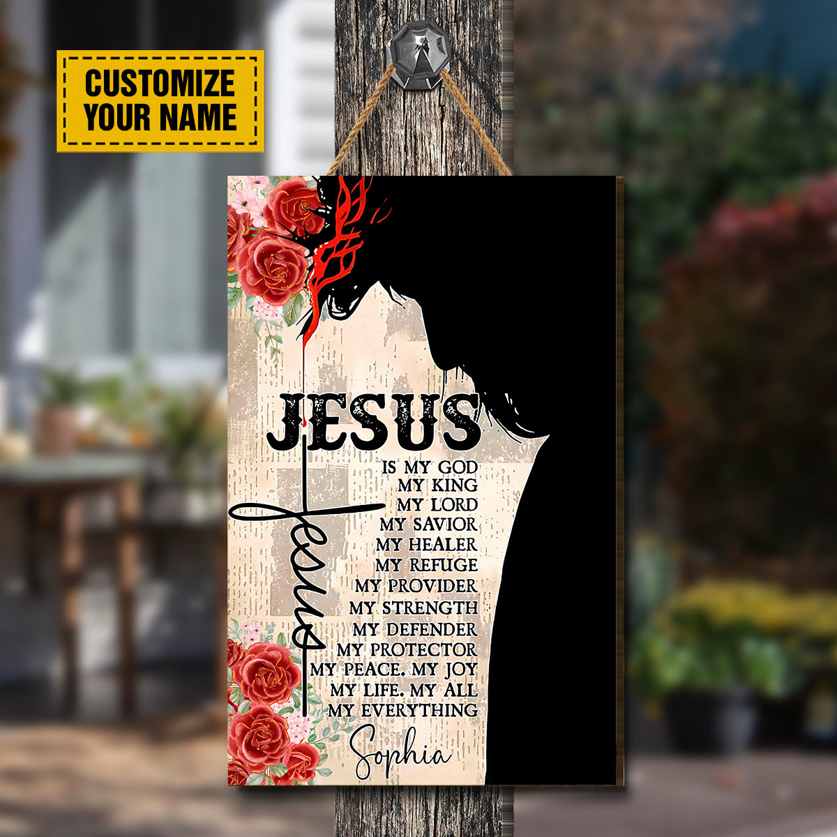 Teesdily | Jesus Portrait Customized Wood Sign Jesus Is My King Retro House Door Sign Religious Custom Gifts Christian Home Decor