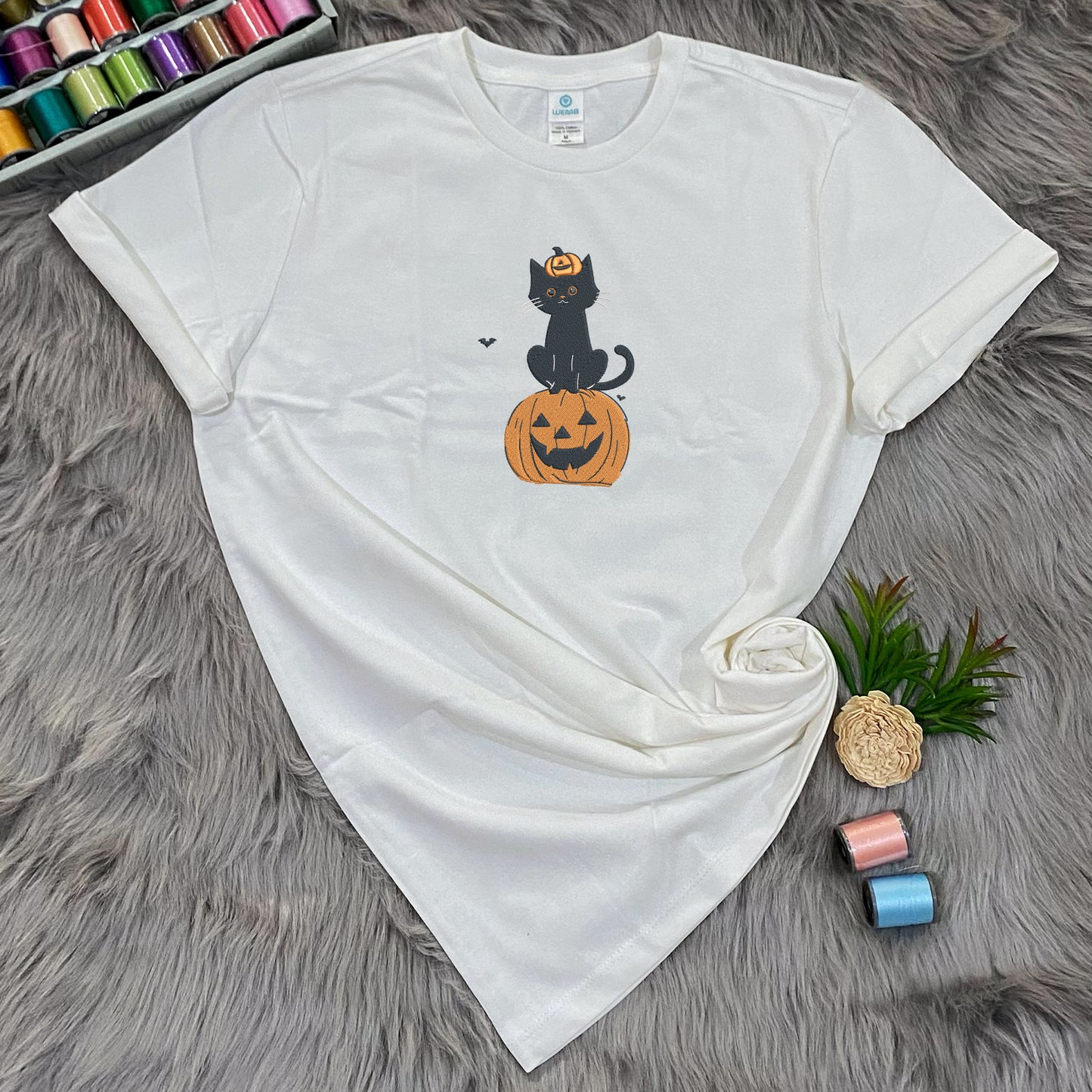 Teesdily | Halloween Embroidered Black Cat Pumpkin Shirt, Embroidery Halloween Pumpkin Embroidered Sweatshirt, Happy Halloween Holiday, Cat Lover Gift