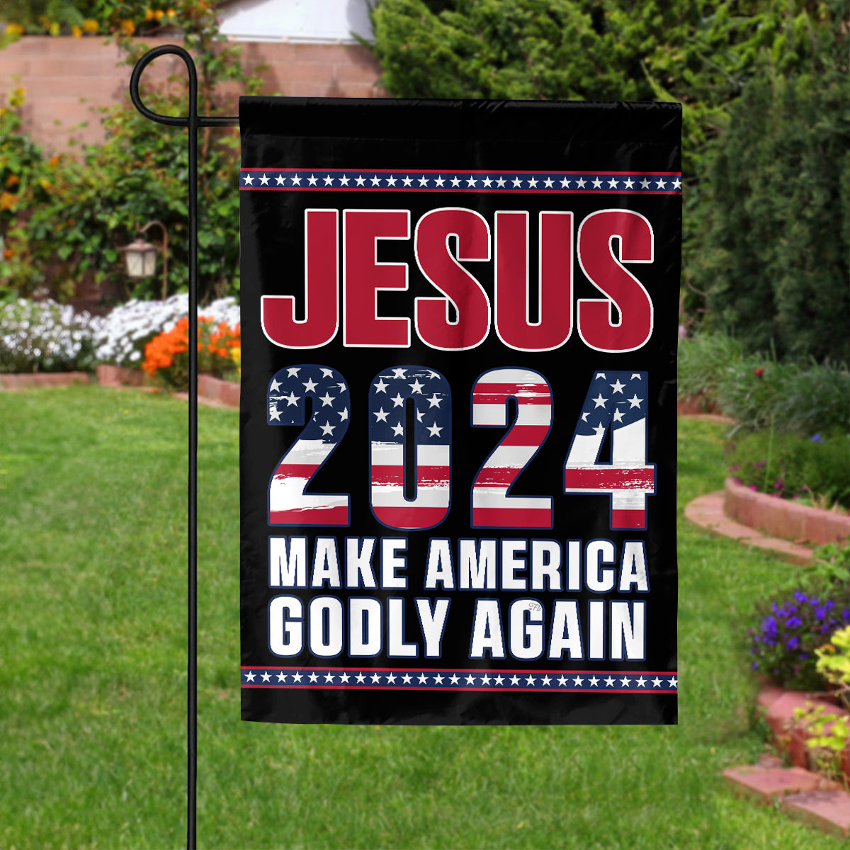 Teesdily | Jesus 2024 Make America Godly Again Patriotic Flags, Jesus American Flag Decor, Independence Day Outdoor Yard Decor, Patriotic Gifts