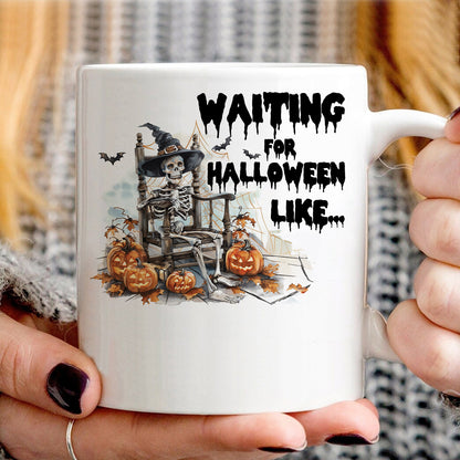 Teesdily | Funny Halloween Skeleton T-shirt, Skeleton Waiting For Halloween Like Sweatshirt Hoodie Mug, Skeleton Pumpkin Shirt, Halloween Party Gift