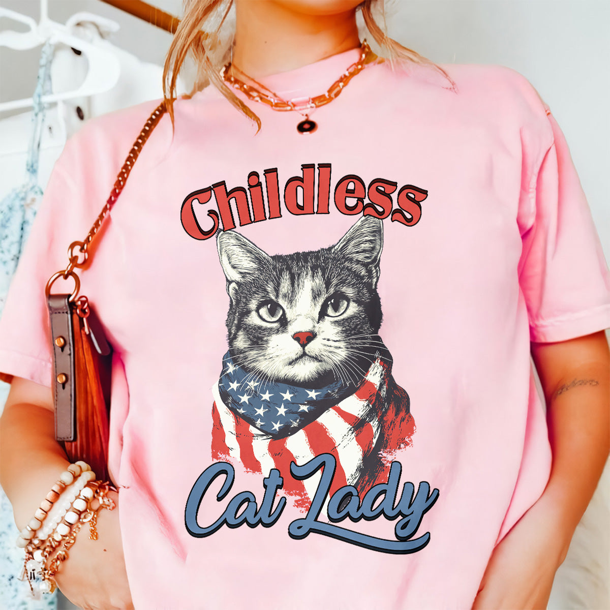 Teesdily | Childless Cat Lady Shirt, Childless Cat Lady For Ka-mala T-shirt, Cat American Flag Sweatshirt Hoodie Mug, Cat Lover Gift