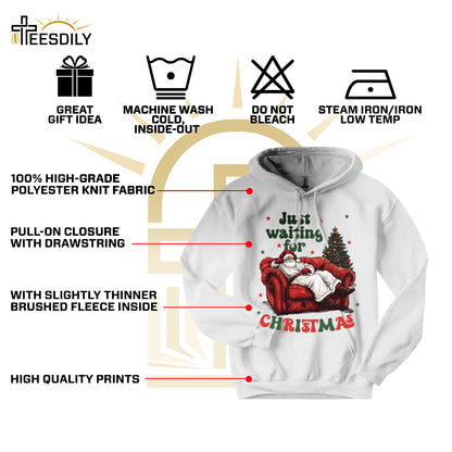 Teesdily | Just Waiting For Christmas Shirt, Santa Sofa Christmas Lights Tee 2024, Santa Claus Sweatshirt Hoodie Mug, Holiday Gift