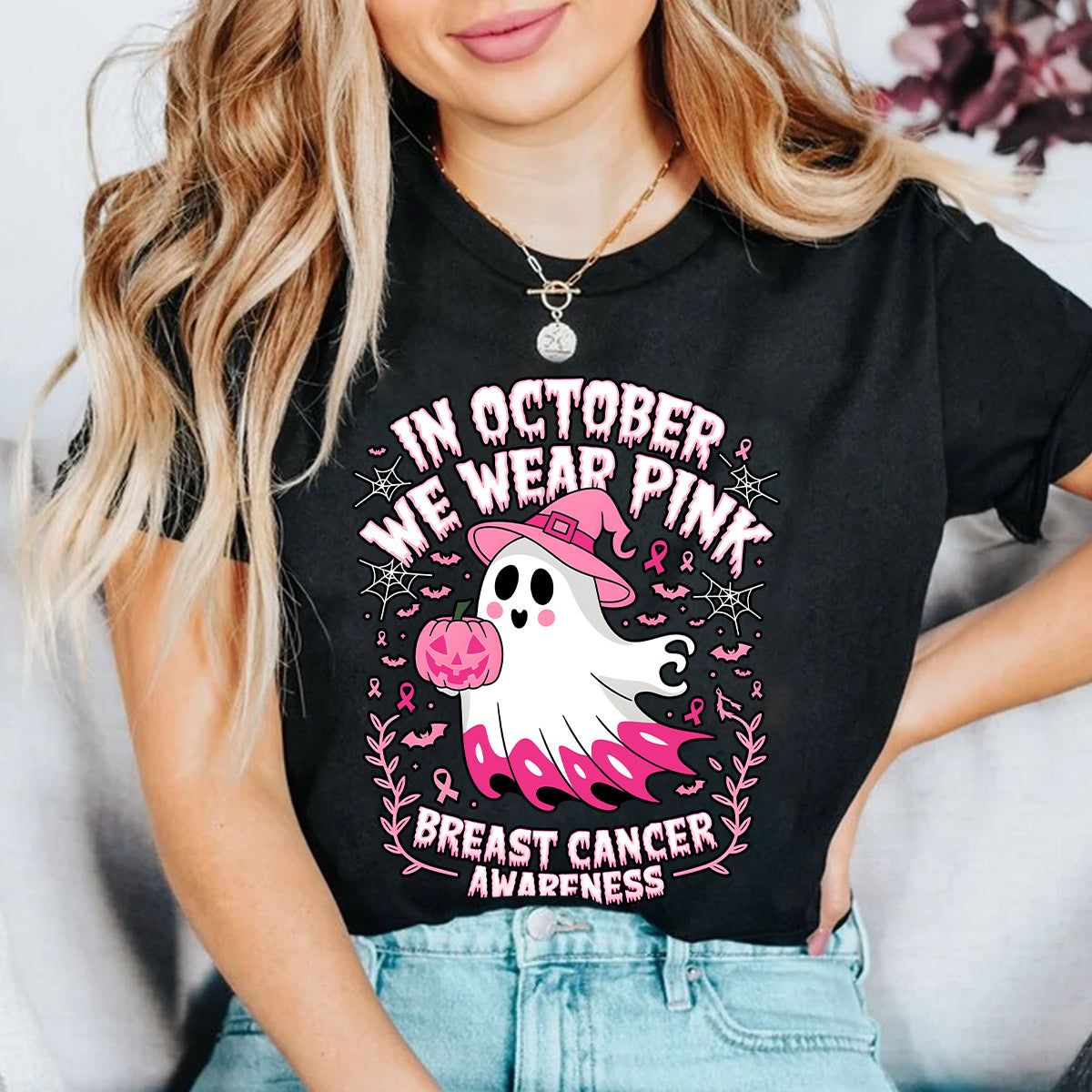 Teesdily | In October We Wear Pink Ghost Shirt, Breast Cancer Awareness Sweatshirt, In October We Wear Pumpkin, Pink Ribbon Hoodie Mug