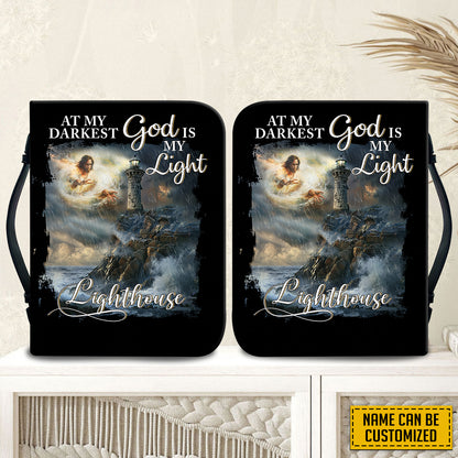 Teesdily | Personalized Jesus Lighthouse Storm Bible Cover, At My Darkest God Is My Light Bible Case With Handle, God Faith Christian Religious Gift