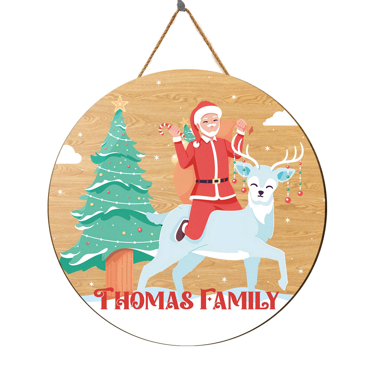 Teesdily | Customized Family Name Santa Claus Riding Reindeer Christmas Wood Sign Merry Christmas Candy Cane Christmas Tree Home Decor