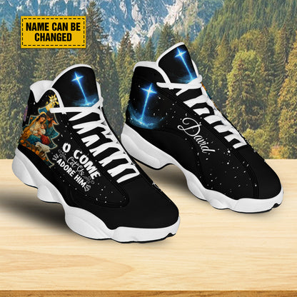 Teesdily | Customized Nativity Of Jesus Basketball Shoes, O Come Let Us Adore Him Holy Night Running Shoes, Faith Christmas Gift