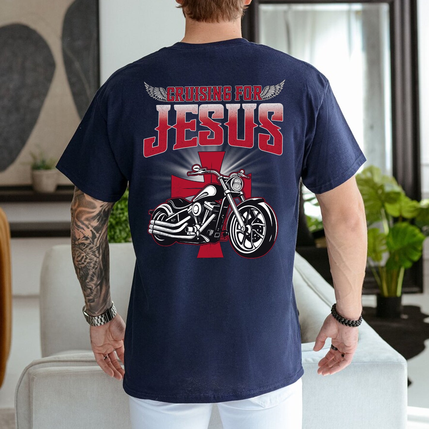 Teesdily | Christian Motorcycle Men's T-shirts, Cruising For Jesus Crew Neck Hoodie Sweatshirt, Biker Faith Mug, Speed Lover Matching Couple Outfits