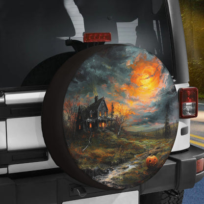 Teesdily | Halloween Night Pumpkin Spare Tire Cover, Halloween Haunted House Moon Night Truck Wheel Cover, Halloween Decor, Car Accessories, Dad Gift