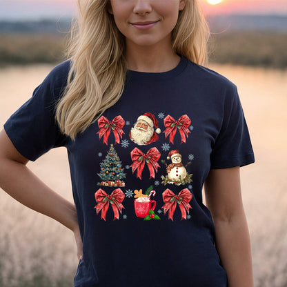 Teesdily | Christmas Coquette Bow Santa Shirt, Christmas Tree Snowman Mug Sweatshirt Hoodie, Retro Merry Bright Tee