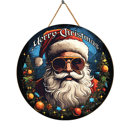 Teesdily | Cool Santa Claus Merry Christmas Retro Style Wood Sign God Father Santa Jingle Bell Winter Christmas Coming Front Door Sign