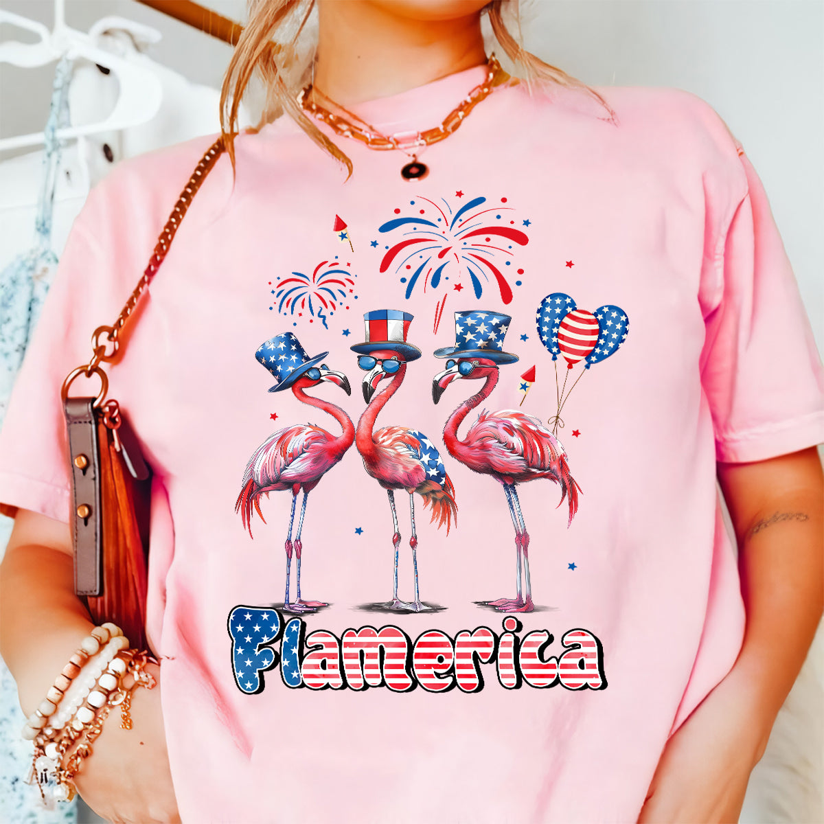 Teesdily | Flamingo American Flag Shirt, Flamerica 4th Of July Shirt, Flamingo Patriotic Tee, Flamerica Sweatshirt Hoodie Mug, Independence Day Gifts