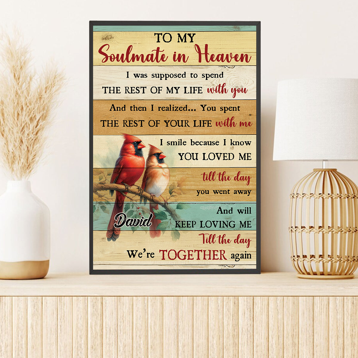 Teesdily | Customized Cardinal Bird Memorial Poster, To My Soulmate In Heaven Poster Canvas, Memorial Anniversary Gifts Memorial Remembrance Gifts