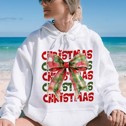 Teesdily | Christmas Coquette Bow Shirt, Coquette Christmas Sweatshirt, Christmas Bow Sweater, Holiday Hoodie, Retro Christmas Gift