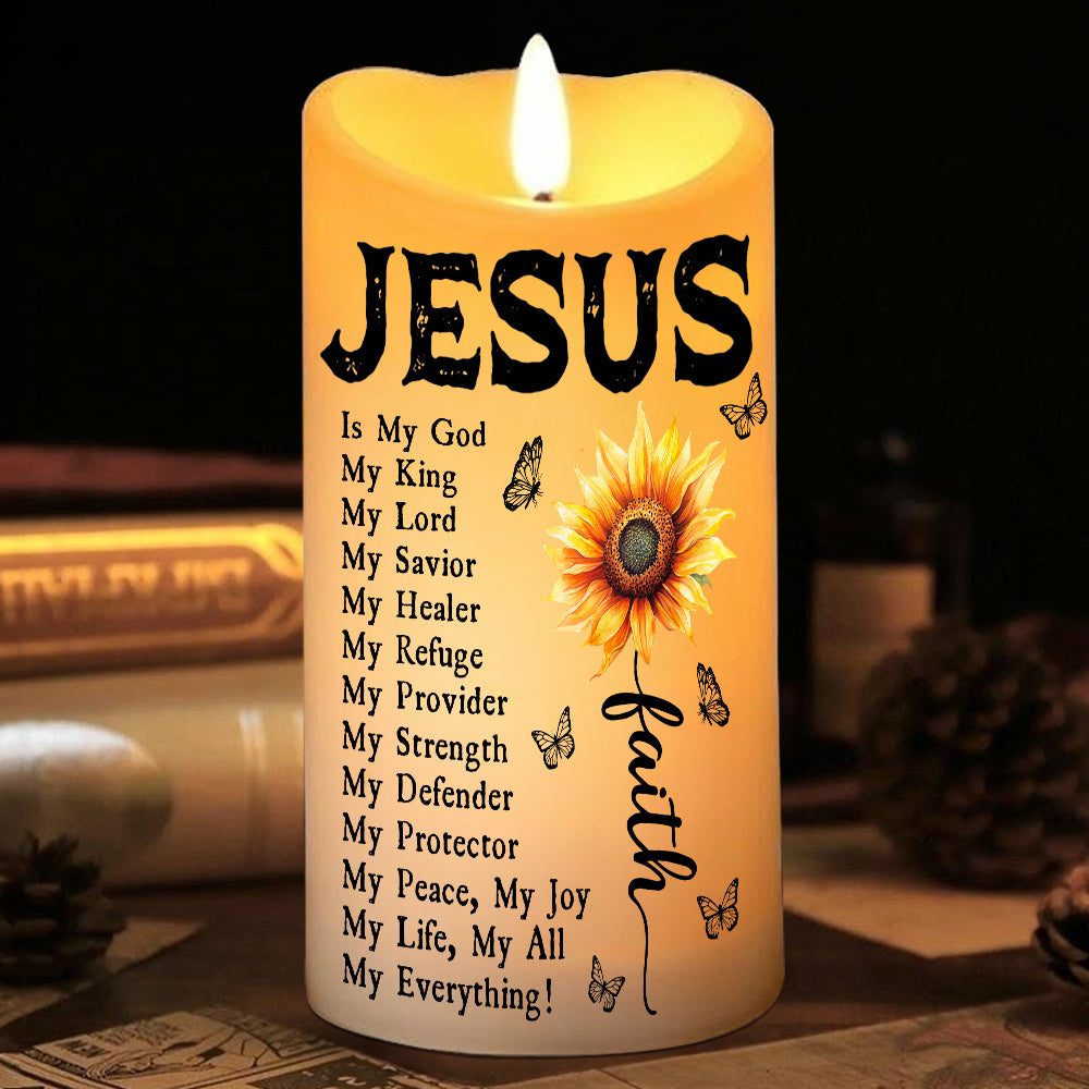 Teesdily | Personalized Jesus Is My God My King My Lord My Savior LED Candle, Jesus Christ Cross Sunflower Candle No Battery Gift