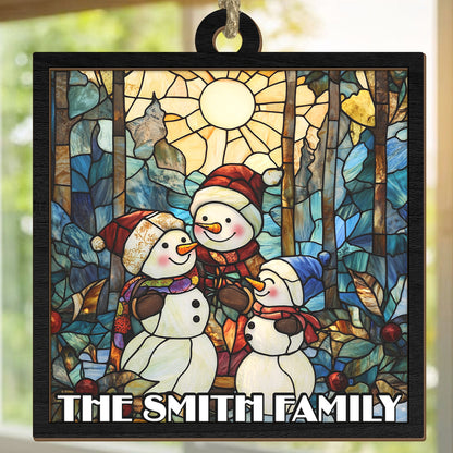 Teesdily | Customized Snowman Family Christmas Suncatcher, Christmas Snowman Stained Glass Suncatcher, Christmas Tree Decor Gift