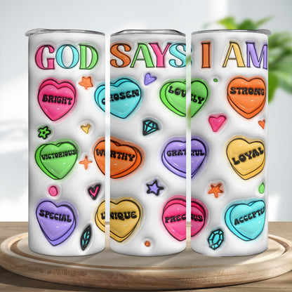 Teesdily | God Says I Am Inflated 20oz Skinny Tumbler Christian Symbols 3d Insulated Tumbler God Affirmation Inspiration Gift For God Believers