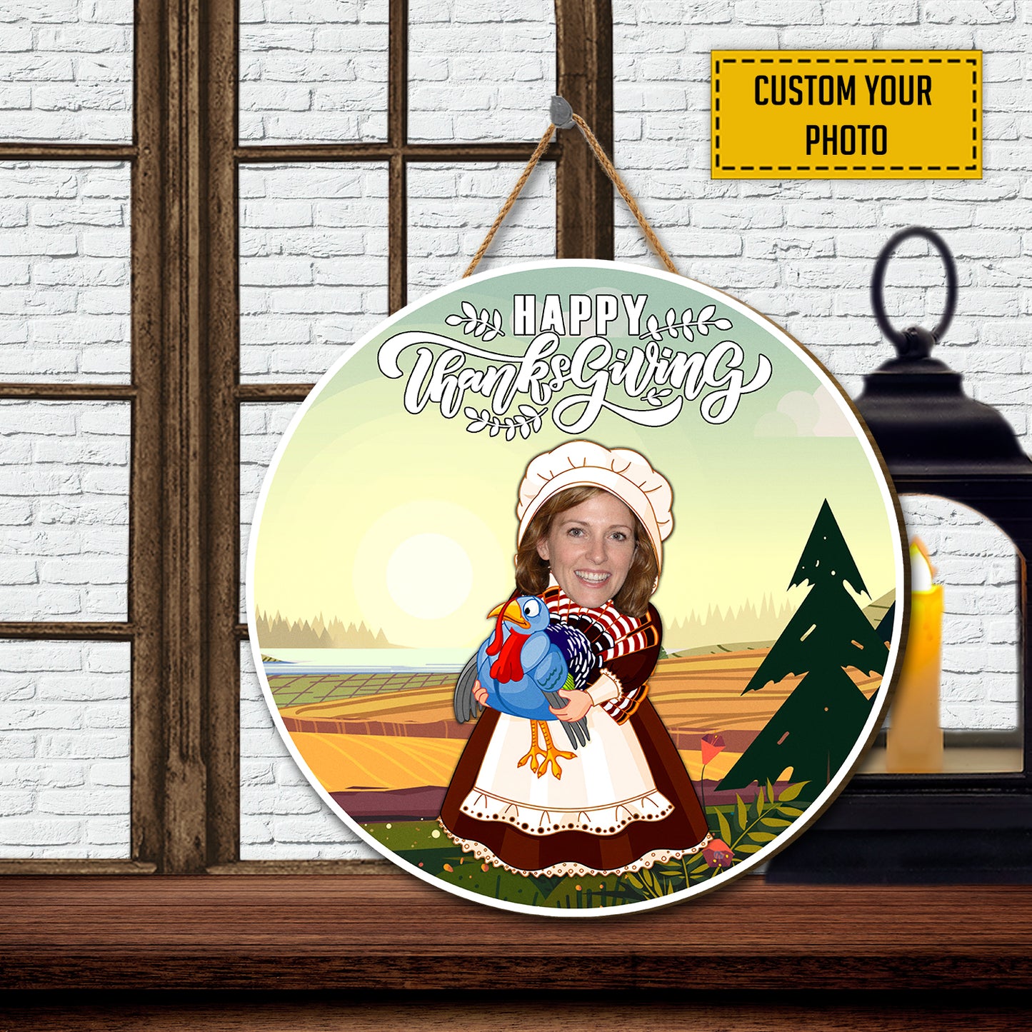 Teesdily | Pilgrim Girl Thanksgiving Personalized Face Signs, Turkey Thanksgiving Wood Sign, Harvest Season Decor, Harvest Day Seasonal Door Sign