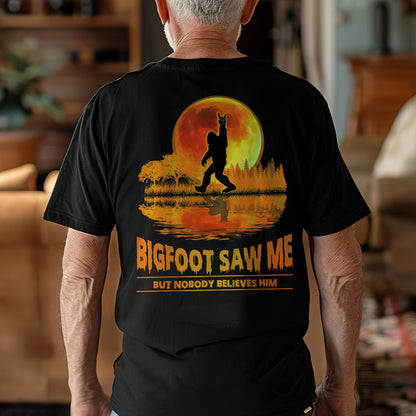 Teesdily | Bigfoot Moon Art Shirt, Bigfoot Saw Me But Nobody Believes Him Tee Sweatshirt Hoodie Mug, Funny Shirt, Bigfoot Believers Gifts