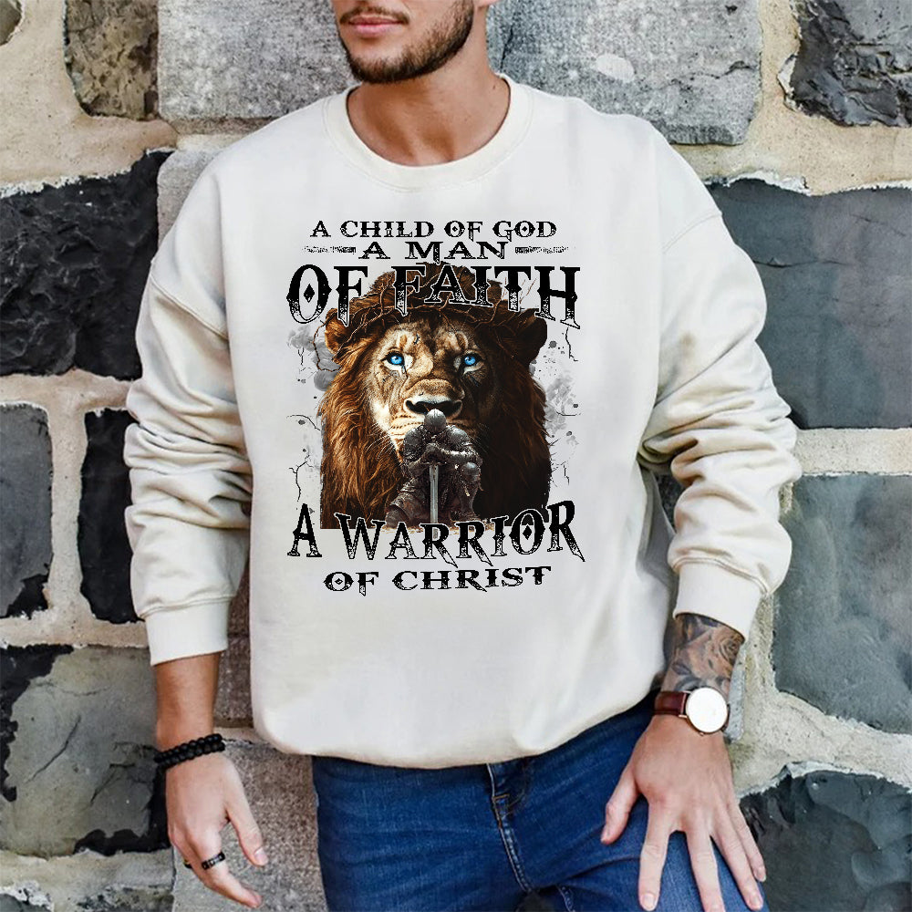 Teesdily | Jesus Warrior Knight Lion Shirt, A Warrior Of Christ Sweatshirt, A Child Of God Hoodie Mug, Man Of Faith Religious Tee