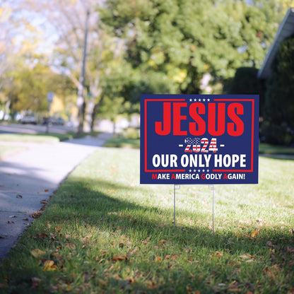 Teesdily | American Flag Jesus Yard Sign, Jesus 2024 Our Only Hope Make America Godly Again Outdoor Sign, Patriotic Flag Lawn Sign Outdoor Decor