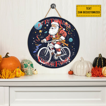 Teesdily | Customized Santa Claus Cycling Wood Sign Joy To The World Christmas Front Door Sign Funny Custom Face Wood Sign Xmas Decor