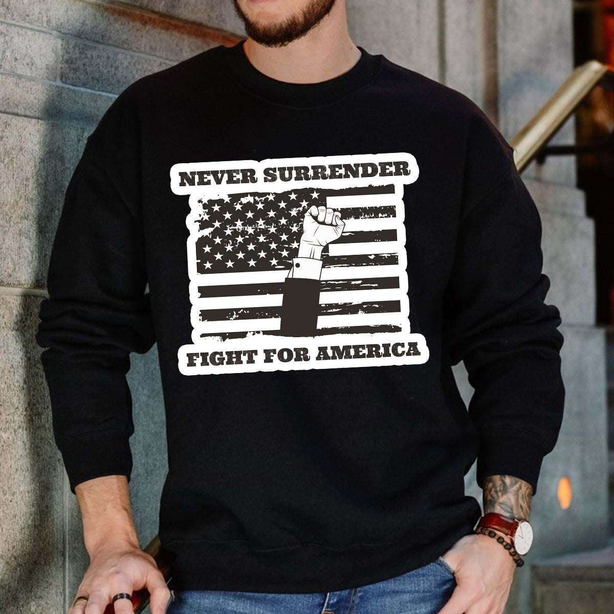 Teesdily | American Flag Shirt, Never Surrender Fight For America Sweatshirt Hoodie Mug, Legend USA 2024 Shirt, 45 47 Patriotic Shirt Gift Men