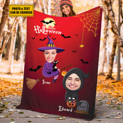 Teesdily | Halloween Custom Face Blanket Funny Witch Personalized Photo Blankets Throw With Picture Halloween Gift For Family And Friends