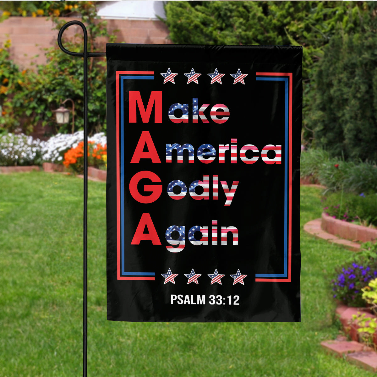 Teesdily | Make America Godly & Again Psalm 33:12 House Flag, Patriotic American Garden Flag, Patriot Outdoor Garden Decor, Christian Gifts