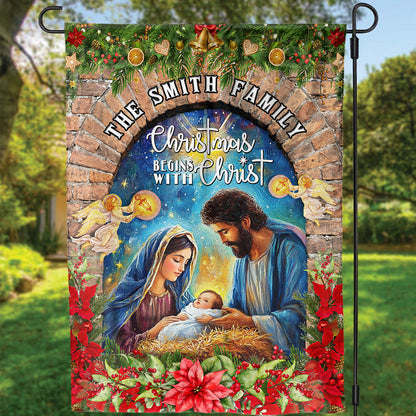 Teesdily | Customized Christmas Begins With Christ Garden Flag, Holy Family Jesus Christmas Flag House, Religious Christmas Gift