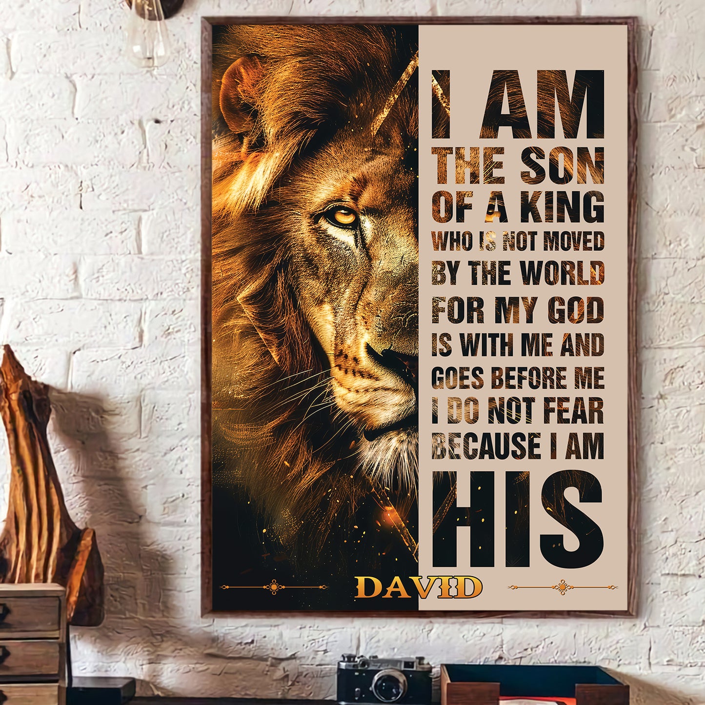 Teesdily | Customized Jesus Lion Of Judah, I Do Not Fear Because I Am His Poster, Son Of A King Art Painting, Christian Poster Canvas, Home Decor