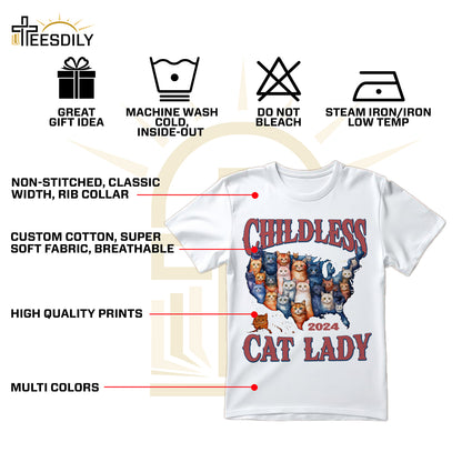 Teesdily | Childless Cat Lady 2024 Shirt, American Map Cats T-shirt, Funny Childless Cat Lady For Ka-mala Sweatshirt Hoodie Mug, Cat Lovers Gift