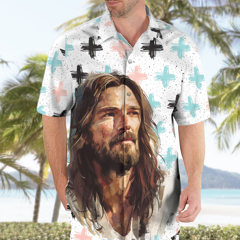 Teesdily | Jesus Portrait Print Hawaiian Shirt, Jesus Christ Cross Pattern Hawaii Set, God Cross Summer Aloha Shirt, Jesus Lover 3D Hawaiian Clothing