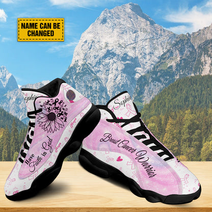 Teesdily | Breast Cancer Warrior Customized Basketball Shoes, Sunflower Faith Running Shoes, Pink Ribbon Pattern Shoes, Positive Gift For Girl Women