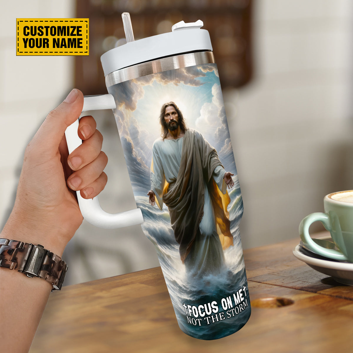 Teesdily | Customized Jesus Beach Portrait Art Insulated Tumbler, Focus On Me Not The Storm Tumbler With Straw, Christian Gift For Jesus Lovers