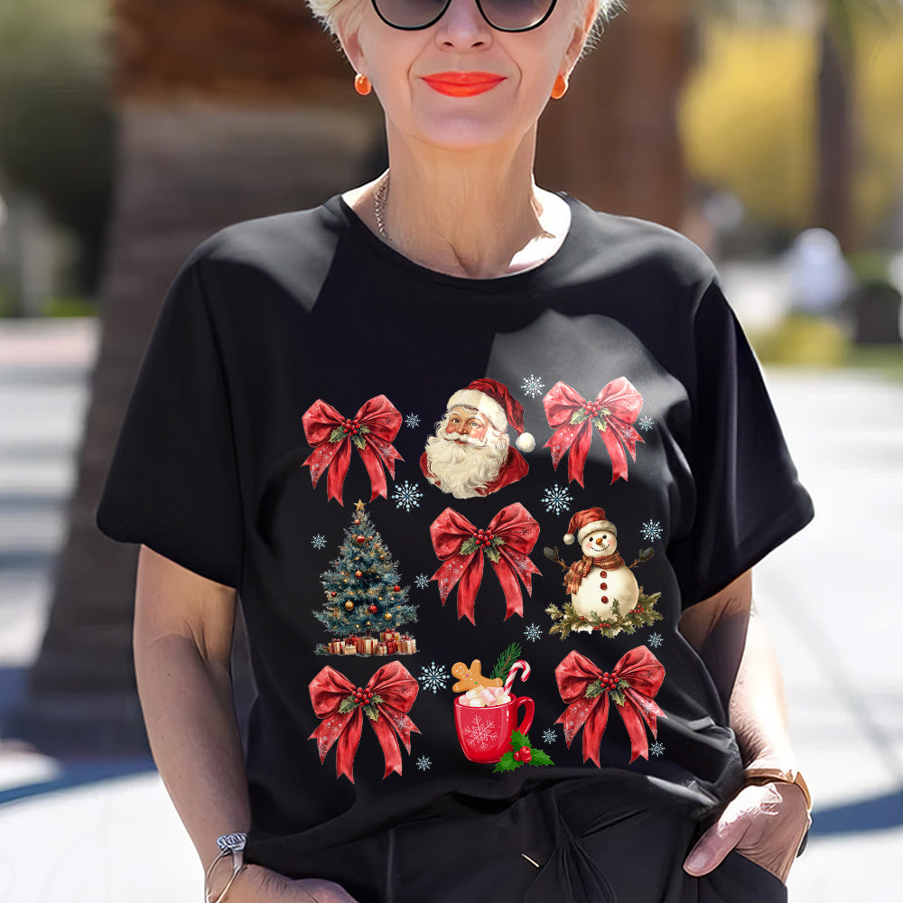 Teesdily | Christmas Coquette Bow Santa Shirt, Christmas Tree Snowman Mug Sweatshirt Hoodie, Retro Merry Bright Tee