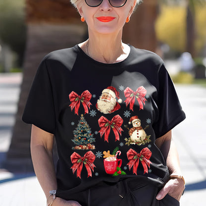 Teesdily | Christmas Coquette Bow Santa Shirt, Christmas Tree Snowman Mug Sweatshirt Hoodie, Retro Merry Bright Tee