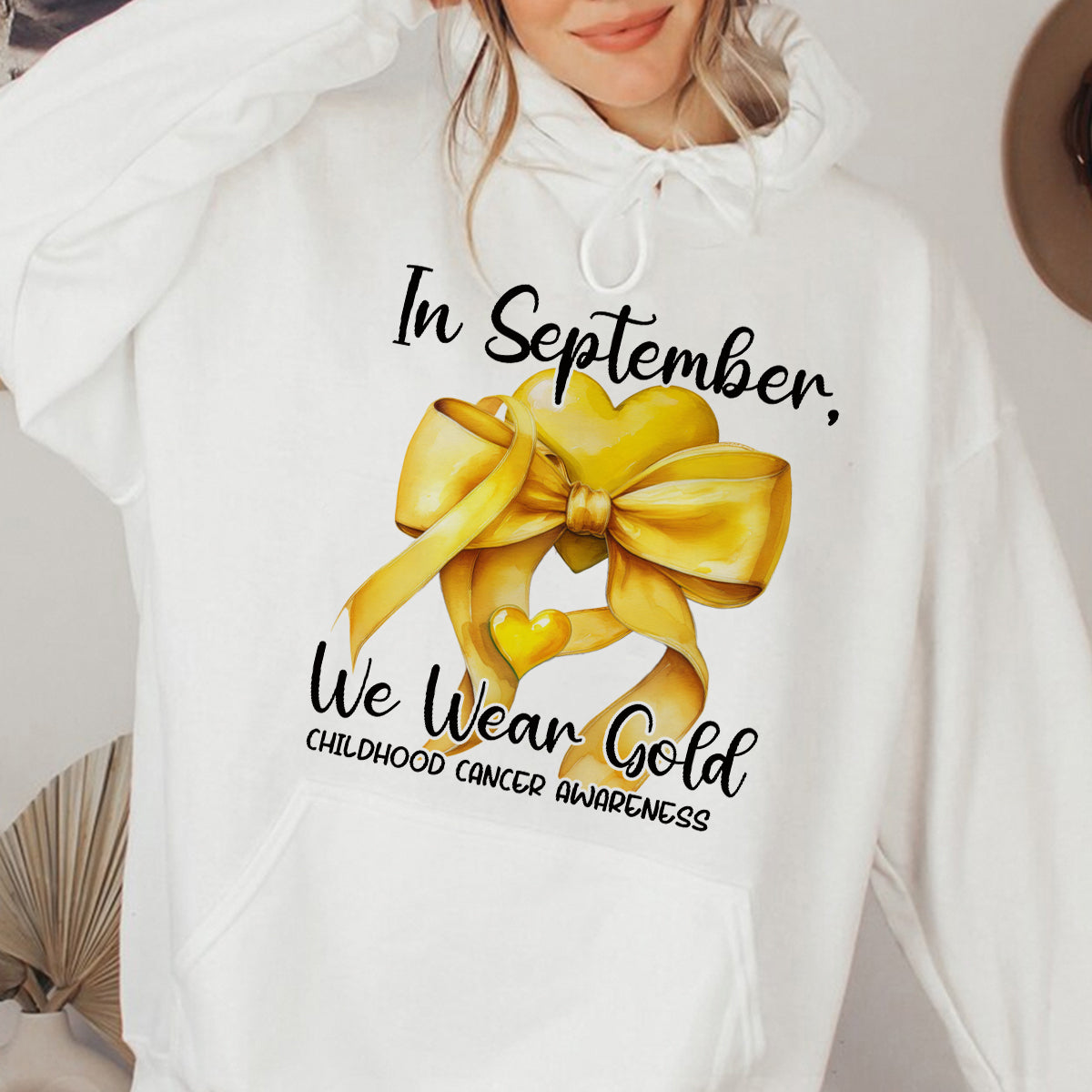 Teesdily | In September We Wear Gold Shirt, Cancer Coquette Bow Gold Sweatshirt, Childhood Cancer Awareness Hoodie Mug Survivor