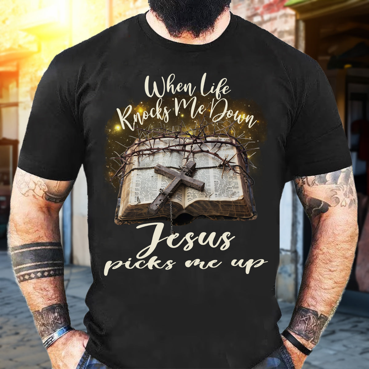 Teesdily | Jesus Cross Bible Book Shirt, When Life Knocks Me Down Jesus Picks Me Up, God Gift, Unisex Tshirt Hoodie Sweatshirt Mug