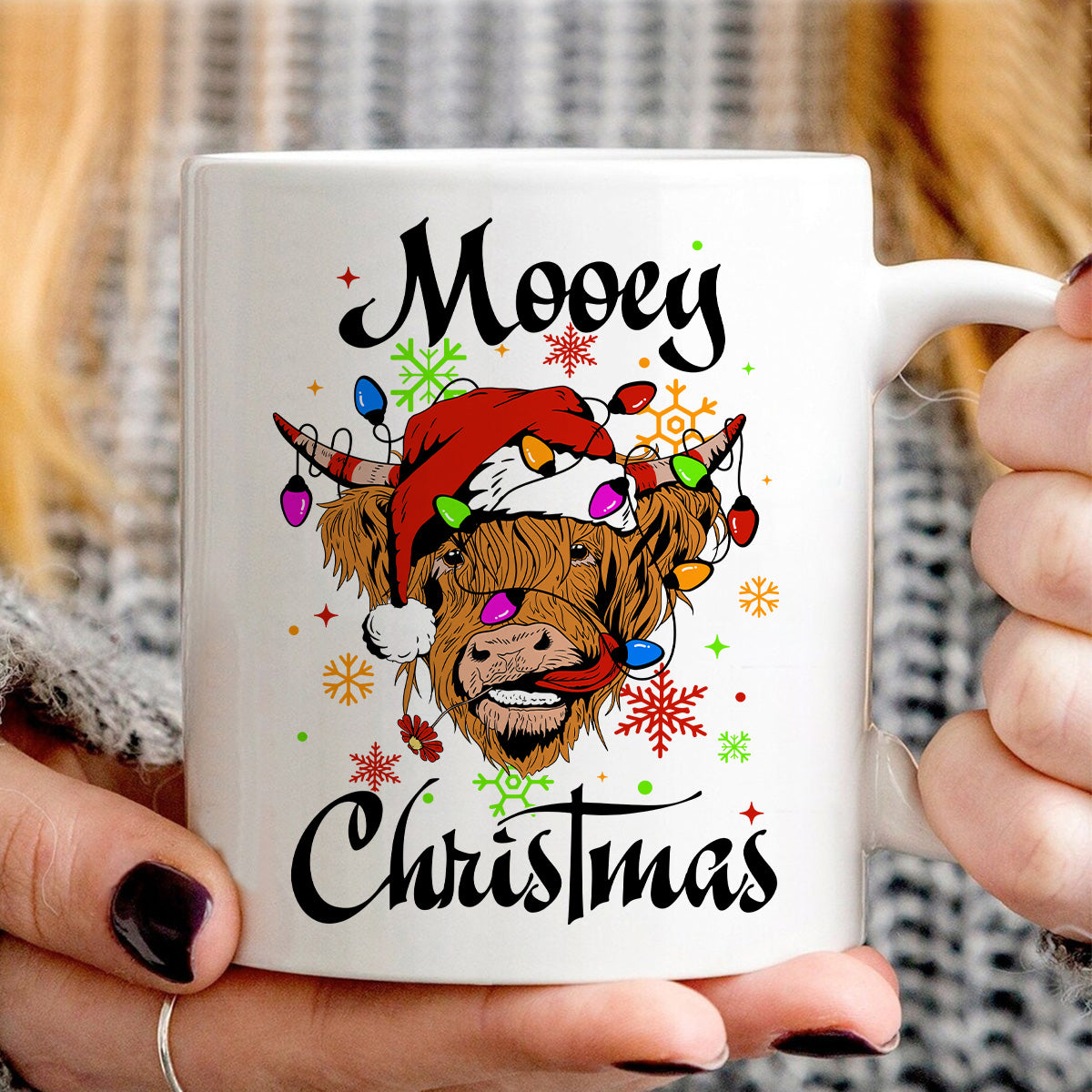 Teesdily | Highland Cow Christmas Shirt, Mooey Christmas Sweatshirt Hoodie Mug, Cow Santa Tee, Farm Christmas Cow Shirts