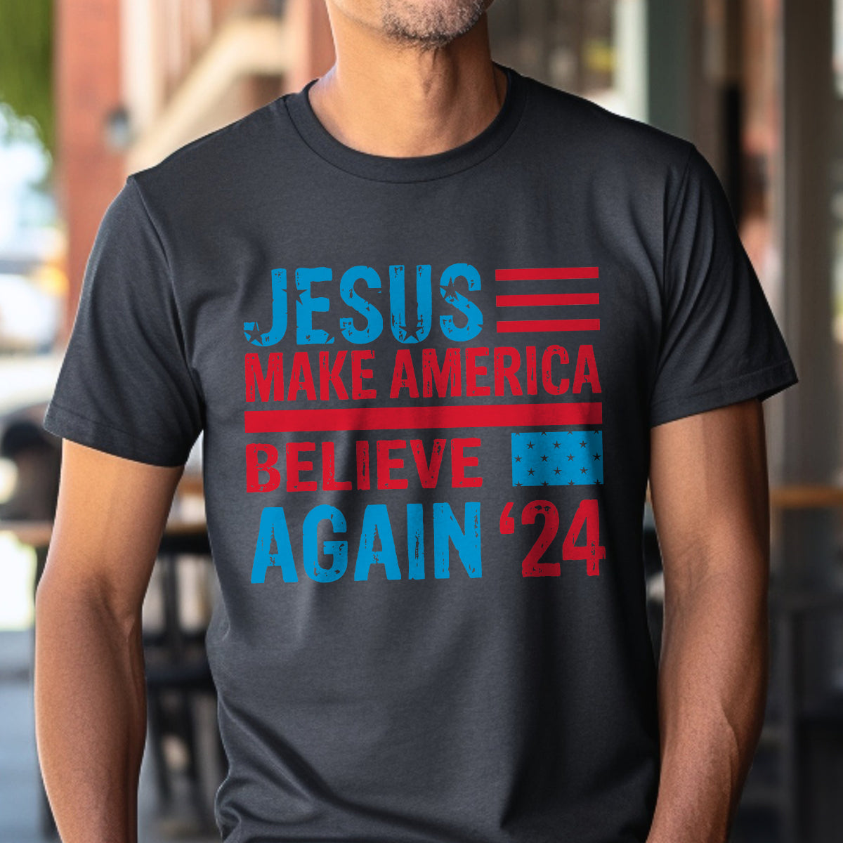 Teesdily | American Flag Jesus Shirt, Jesus Make America Believe Again '24 Tee Sweatshirt Hoodie Mug, Christian American Pride Gift, Patriotic T-shirt