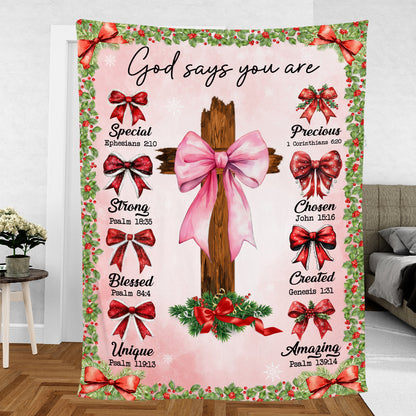 Teesdily | Custom God Says You Are Blanket, Christmas Coquette Bow Blanket Throw, Santa Bow Noel Holiday, Xmas Gift Jesus Lovers