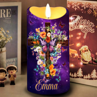 Teesdily | Customized Jesus Cross Flower Butterfly LED Candle No Battery, Heal Me Oh Lord LED Candle, Faith Jesus Lover Gift