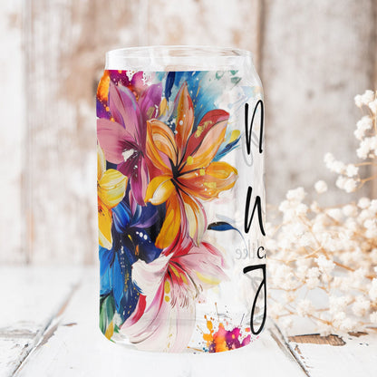 Teesdily | Colorful Flower Frosted Can, Nothing In This World Can Satisfy My Soul Like Jesus Bible Verse Glass Can, Gift For God Believers