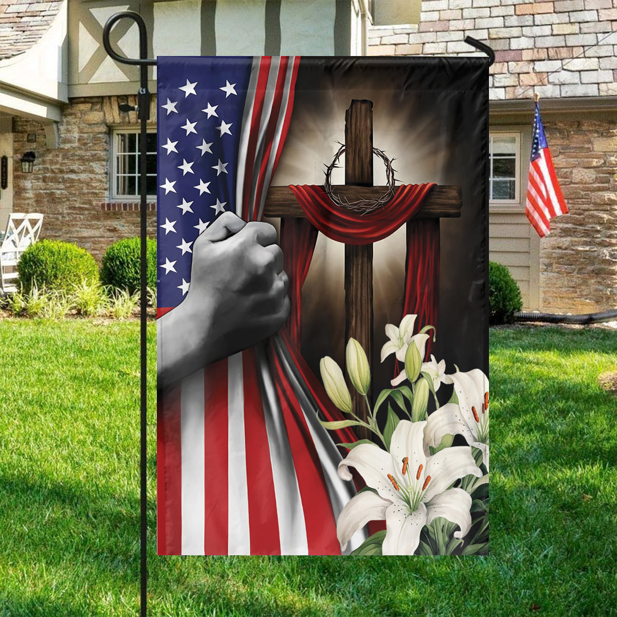 Teesdily | Jesus Cross Hand Pull American Flag, Christ Cross Lily Garden Flag, Christian Home Outdoor Decoration, God Believer House Flag Decor