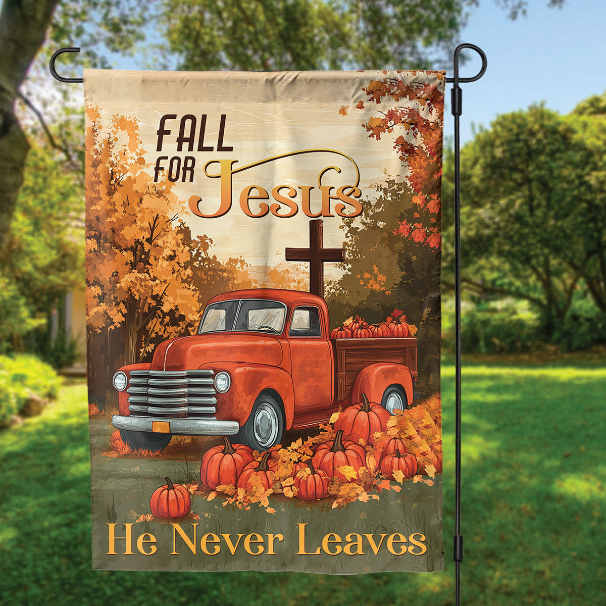 Teesdily | Thanksgiving Pumpkin Jesus Cross House Flag, Fall For Jesus He Never Leaves Garden Flag, Jesus Lover Gift, Jesus Outdoor Yard Decor