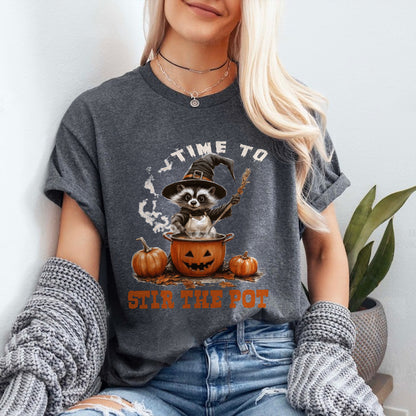 Teesdily | Time To Stir The Pot Witch Halloween Shirt, Funny Raccoon Witch Retro Halloween Sweatshirt, Spooky Season Hoodie Mug Gift