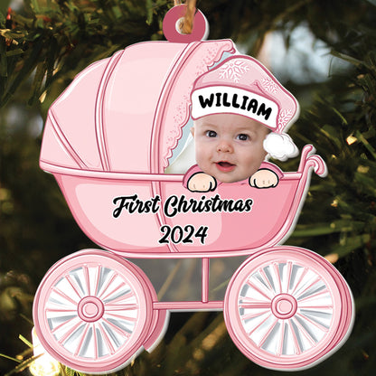 Teesdily | Personalized Baby's First Christmas Ornament, Baby Carriage Acrylic Ornament Christmas, Keepsake Ornament Xmas Gift