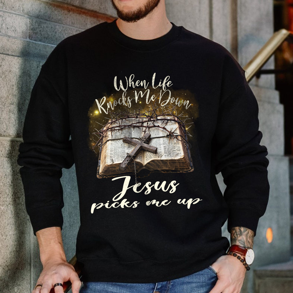 Teesdily | Jesus Cross Bible Book Shirt, When Life Knocks Me Down Jesus Picks Me Up, God Gift, Unisex Tshirt Hoodie Sweatshirt Mug