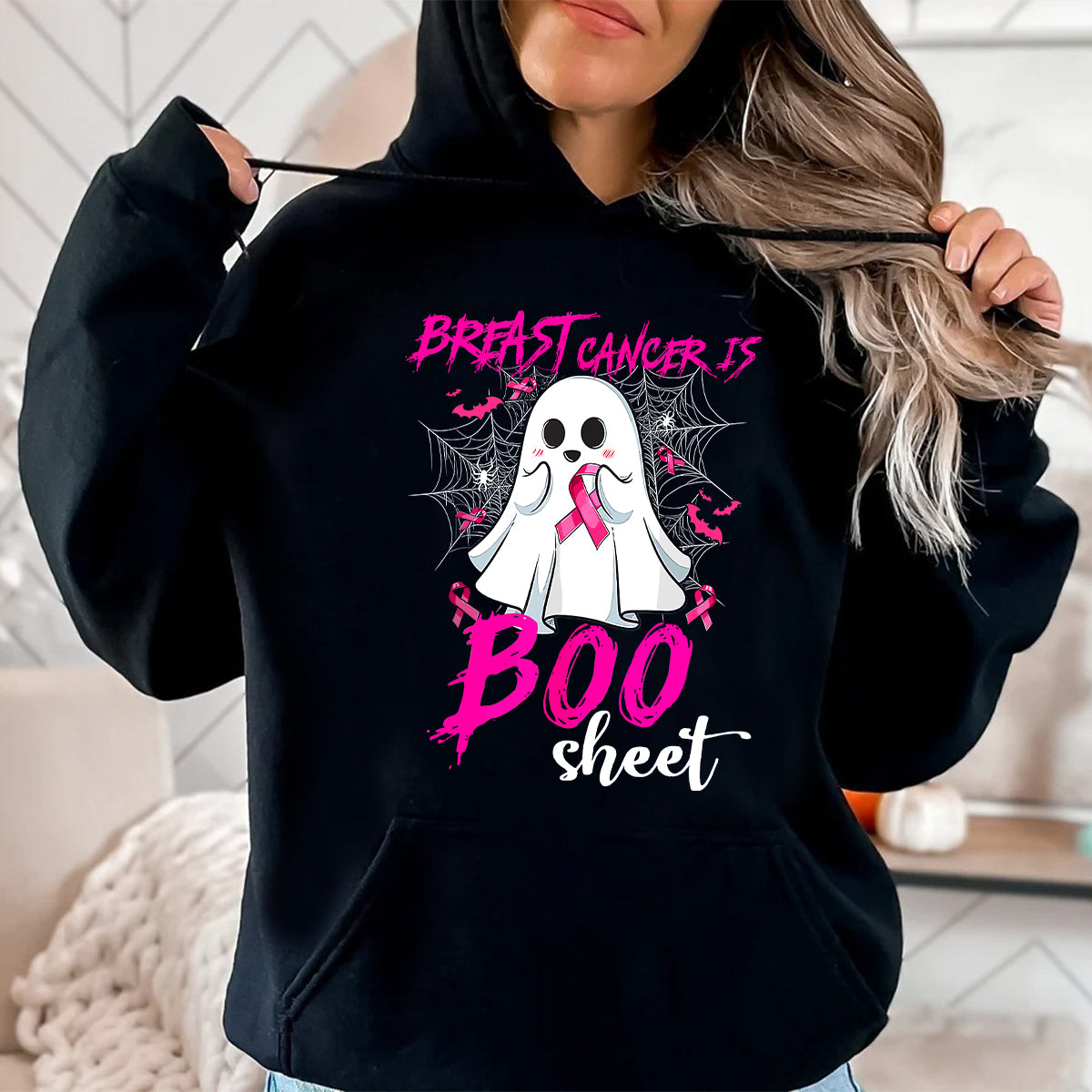 Teesdily | Pink Ribbon Breast Cancer Is Boo Sheet Shirt, Cute Halloween Ghost Boo Sweatshirt, Cancer Survivor Hoodie Mug