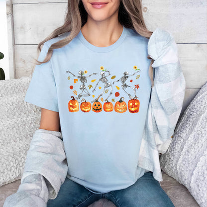 Teesdily | Halloween Dancing Skeleton Shirt, Skeleton Dancing Pumpkin Sweatshirt Hoodie Mug, Spooky Season Tee, Holiday Party Shirt, Halloween Gift